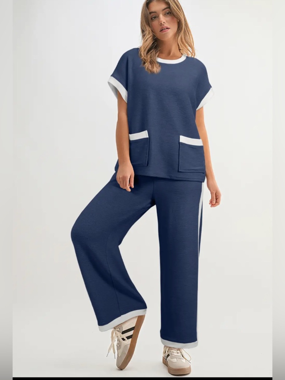 Navy Two-Piece Lounge Set with White Trim